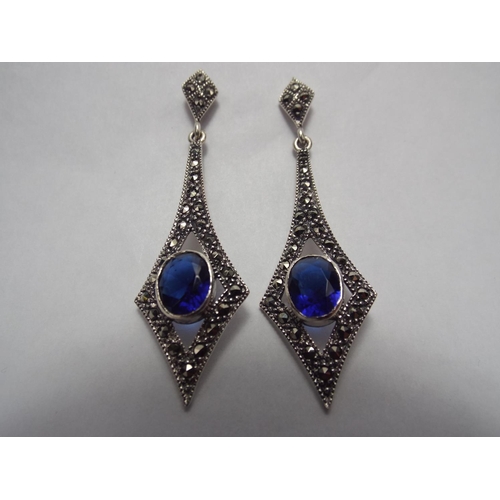 52 - Pair of 925 Silver marcasite Blue Crystal set drop earrings