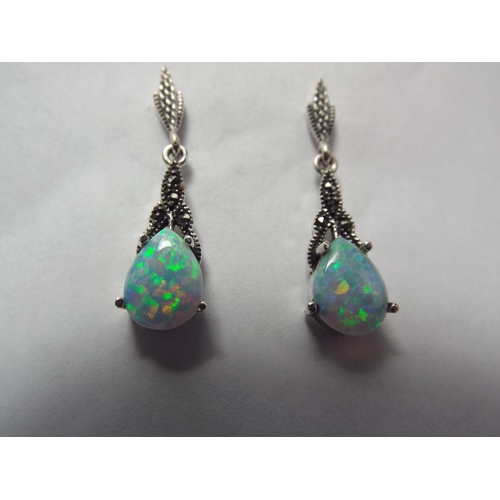 54 - Pair of 925 silver marcasite Drop earring set with opals