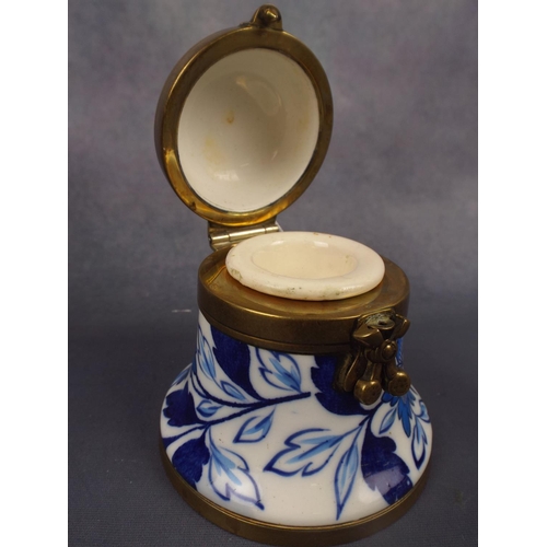 157 - Edwardian Bell shaped inkwell. Delft pattern with brass fittings, marked to base.