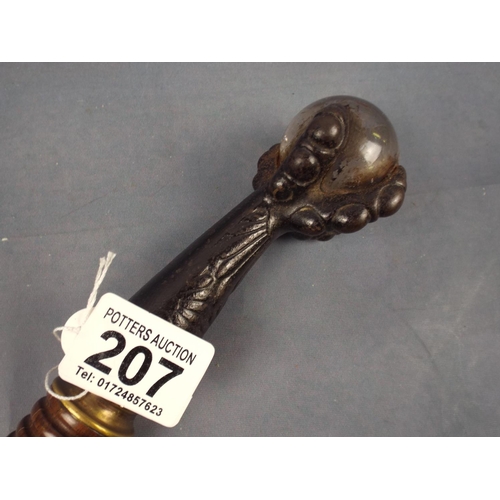 207 - Large Walking stick with Glass ball held by Brass claw.