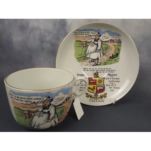 222 - large Cup and saucer with Yorkshire cartoon.