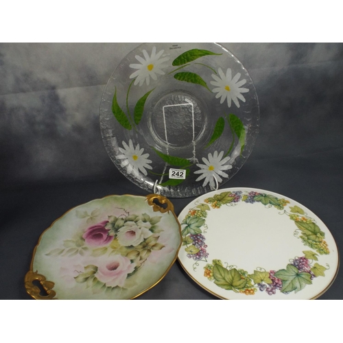 242 - Large glass dish with painted flowers & 2 ceramics