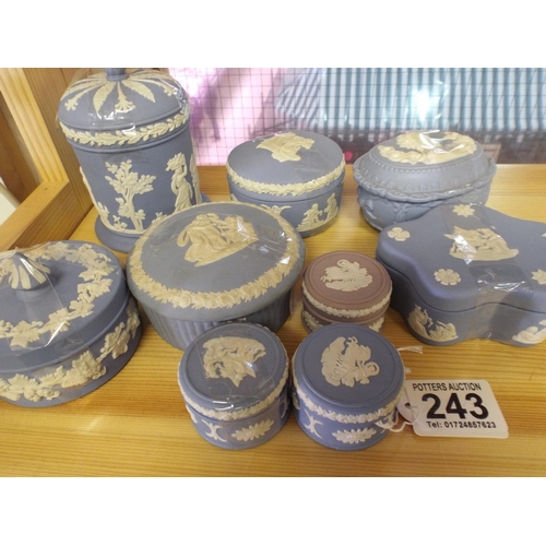 243 - Nine Wedgewood blue jasper lidded pots