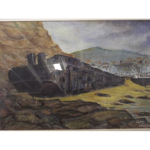 282 - Large framed & mounted original pastel by Gaz Cowling of a landing craft on a Dorset beach