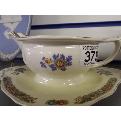 379 - Alfred Meakin Gravy boat with floral pattern along with Ceramic dish lined with geese