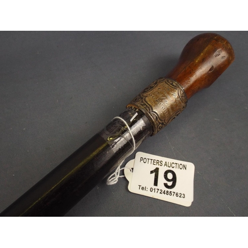 19 - Ebonised Victorian walking stick with Silver collar, Hallmarked for Birmingham 1893