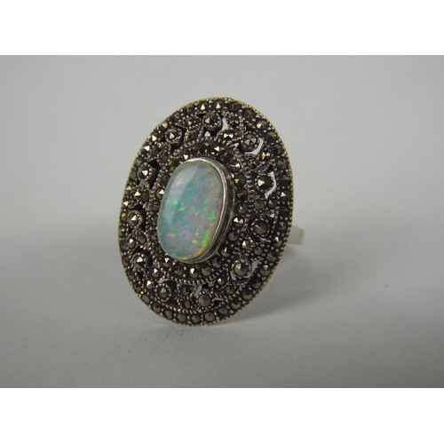 30 - 925 Silver marcasite & Opal set ring, finger size 'S'