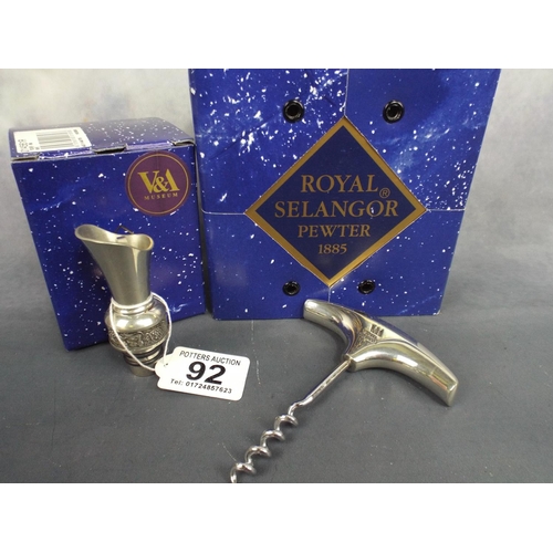 92 - Royal Selangor Pewter wine bottle top & corkscrew, Brand new in their boxes