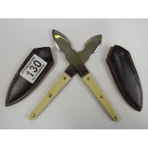 130 - Pair of Vintage Throwing knives by Nowill of Sheffield, leather scabbards complete