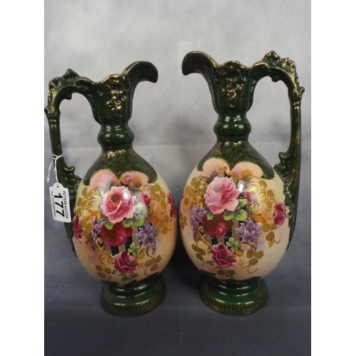 177 - Pair of Victorian Staffordshire hand painted Ewers