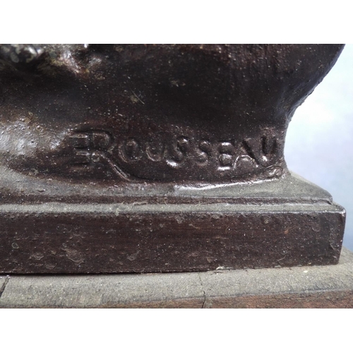 223 - Large Bronze effect spelter figure of a fishing boy signature stamp for E Rousseau on wooden base