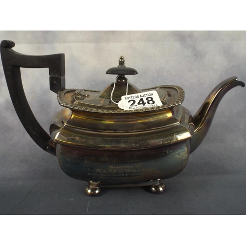 248 - Vintage 1920's era silver plated teapot. Walker & Hall of Sheffield