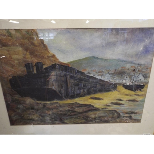 331 - Large framed and Mounted original pastel by Gaz Cowling of a Coal barge washed ashore at Staithes , ... 