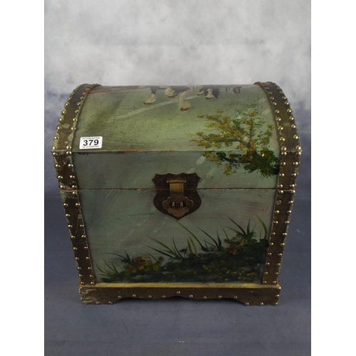 379 - Painted wooden chest with brass clasp & lock