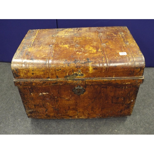 381 - Old metal travelling trunk, needs attention to lid