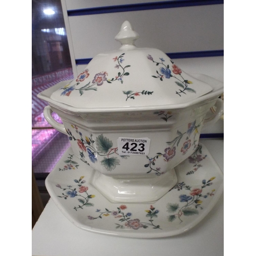 423 - Large Laura Ashley lidded Tureen & plate in the Chinese silk pattern