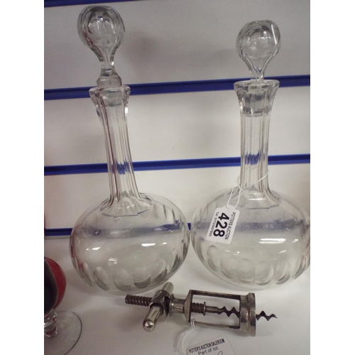 428 - Matching pair of ship's type decanters together with vintage chrome bottle opener