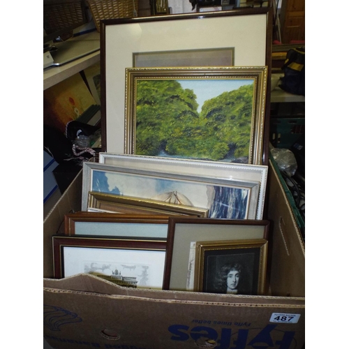 487 - Larg box of framed painting and prints