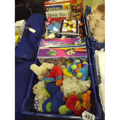 493 - Two trays of assorted childs toys