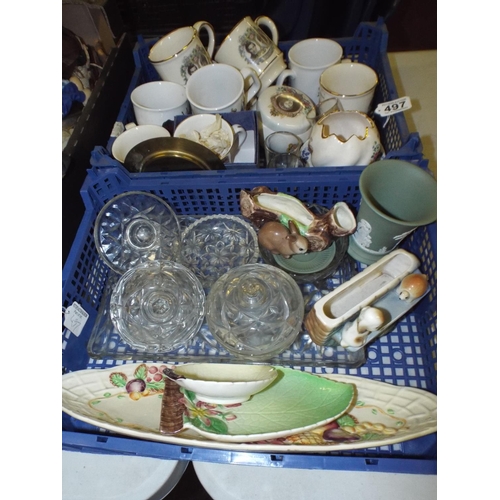 497 - Two trays of assorted ceramics including royal wares