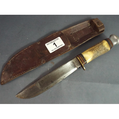 1 - William Rogers Bowie Knife with Leather Scabbard. Sheffield made, 6 inch Blade