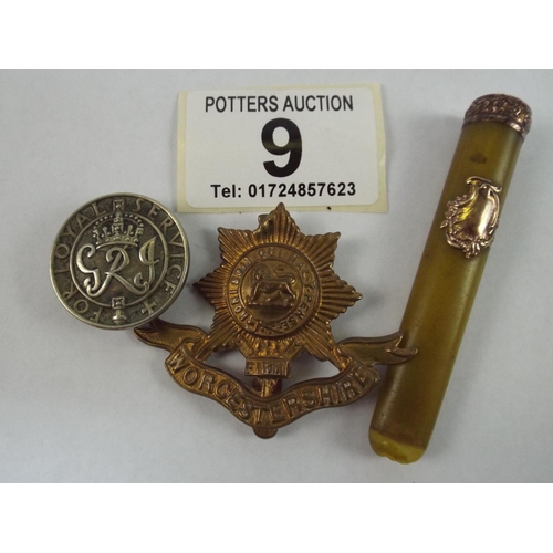 9 - Cigarette Holder, Loyal service badge & Worcester's Cap Badge