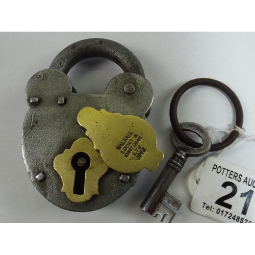 21 - Vintage Padlock & Key with Brass Escutcheon  1945