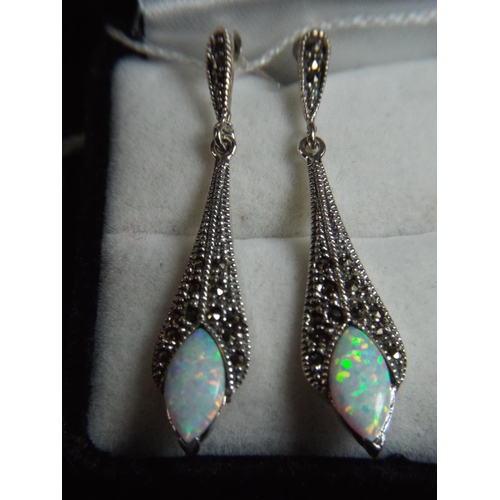 51 - Pair of 925 Silver marcasite opal set drop earrings