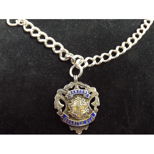 60 - Solid silver and Enamel fob with Graduated Silver link chain wih T Bar & Clasp. Birmingham 1938