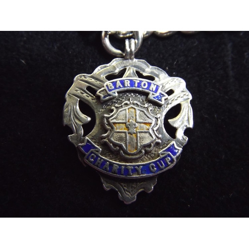 60 - Solid silver and Enamel fob with Graduated Silver link chain wih T Bar & Clasp. Birmingham 1938