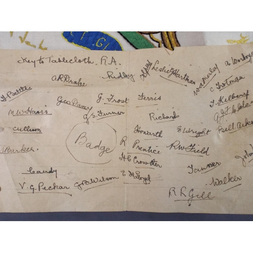 122 - Embroidered Tablecloth for Royal Artillery,Commissioned and Signed by Soldiers. WW2