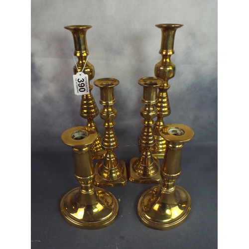 390 - Three Sets of old Brass Candlesticks