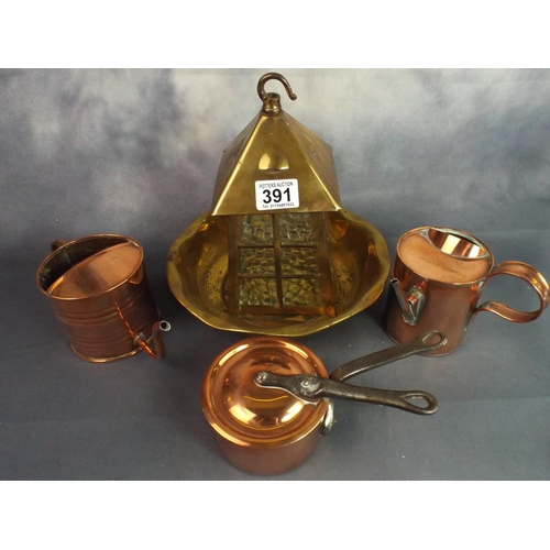 391 - Small copper Watering cans plus copper saucepan with lid etc