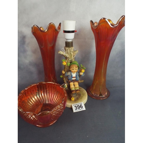 396 - Hummel Table lamp plus Carnival type glass vases and bowl.