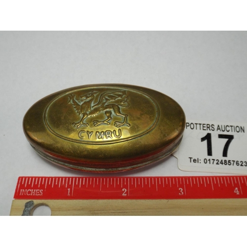 17 - Brass Snuffbox with Welsh Dragon motif to lid.