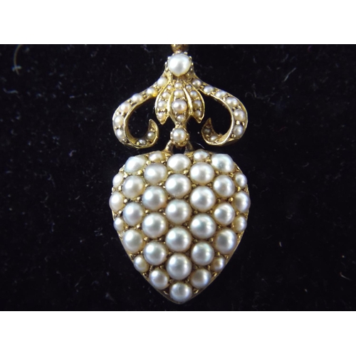 44 - Victorian 9ct Gold Heart shaped Pendant encrusted with Seed Pearls. On 18 ' chain, No hallmarks but ... 