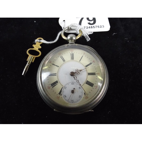 79 - White Metal Pocket Watch with key, Scrolled Back in working order.