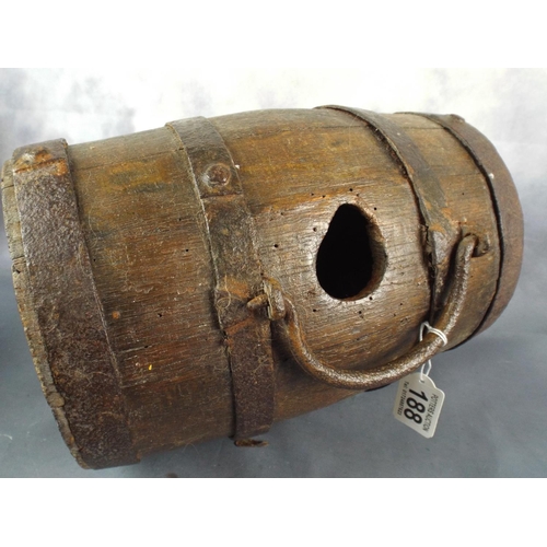 188 - Very Old Oak & Iron Gunpowder Barrel with carry handle