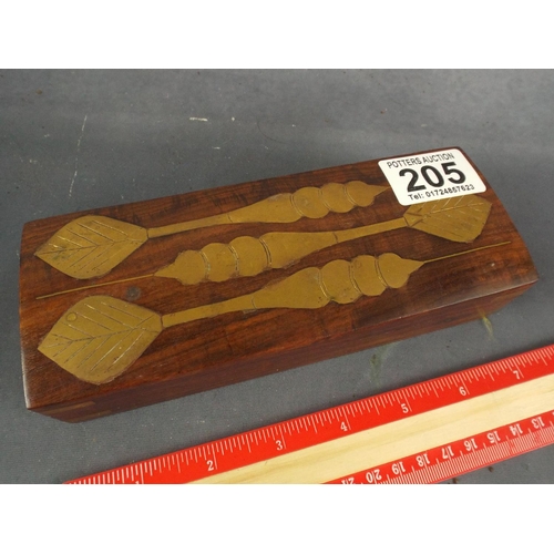 205 - Small wooden Darts case inlaid with brass.