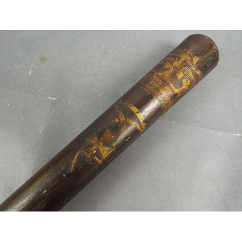 23 - Heavy Ebony Truncheon with leather strap with Crown motif applied, Miltary or Police