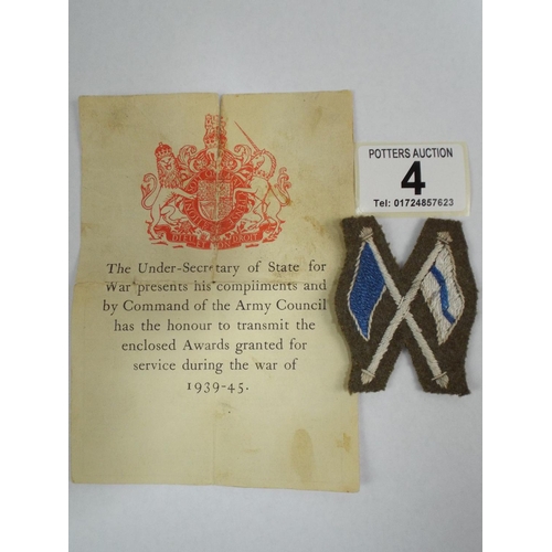 4 - Cloth shoulder insignia plus medal receipt paper