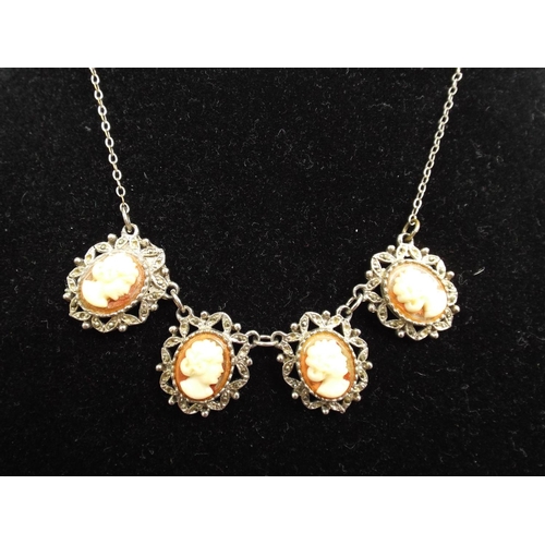 58 - Pretty  Vintage White metal Necklace with four cameos