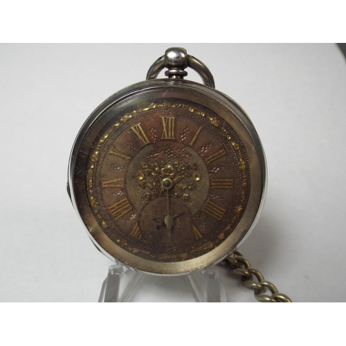 69 - Hallmarked Silver Pocket watch with Champleve Face. Intermittent runner. White metal graduated chain... 