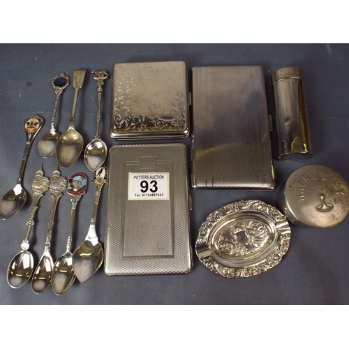 93 - Selection of Silver plated cig cases, spoons etc