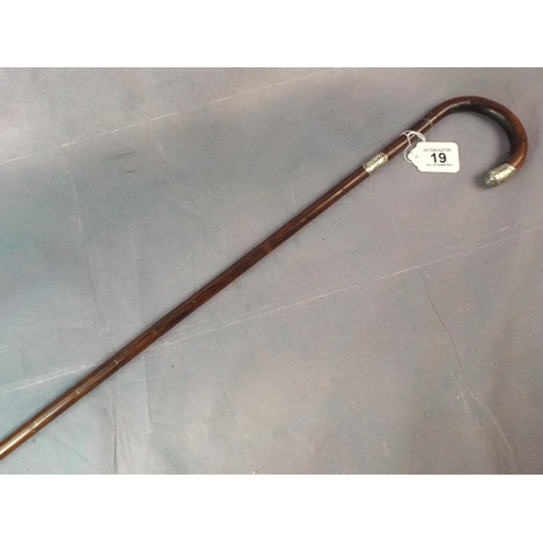 19 - Vintage bamboo walking cane with hallmarked silver collar & tip.