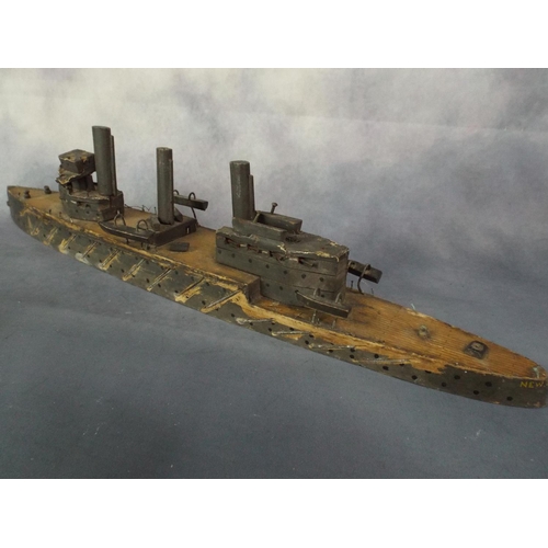 116 - WW1 Trench art model of a battleship, dated on underside to 1917