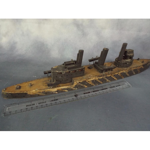 116 - WW1 Trench art model of a battleship, dated on underside to 1917