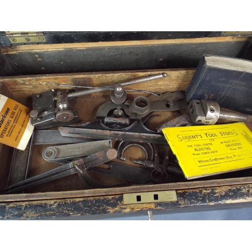 125 - Large Vintage Wooden engineers toolbox with tools contents.