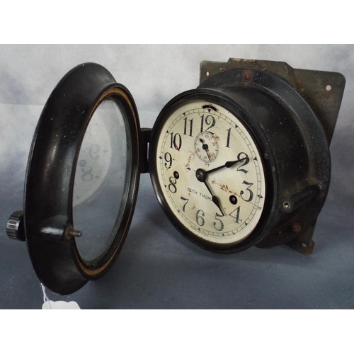 128 - Vintage Ships Clock, metal mounted by Seth Thomas USA requires attention to run.