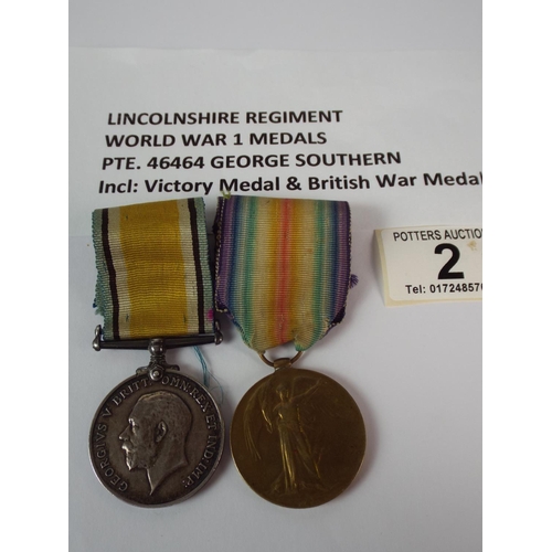 2 - WW1 Victory Medal & WW1 14/18 Medal Awarded to Lincolnshire Reg soldier.Pte 46464 Southern